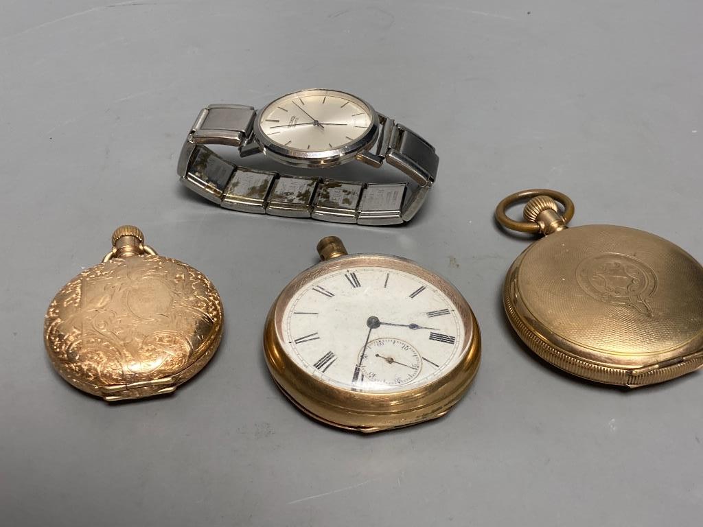 Two gold plated pocket watches (a.f.), a similar watch case and a Seiko watch.